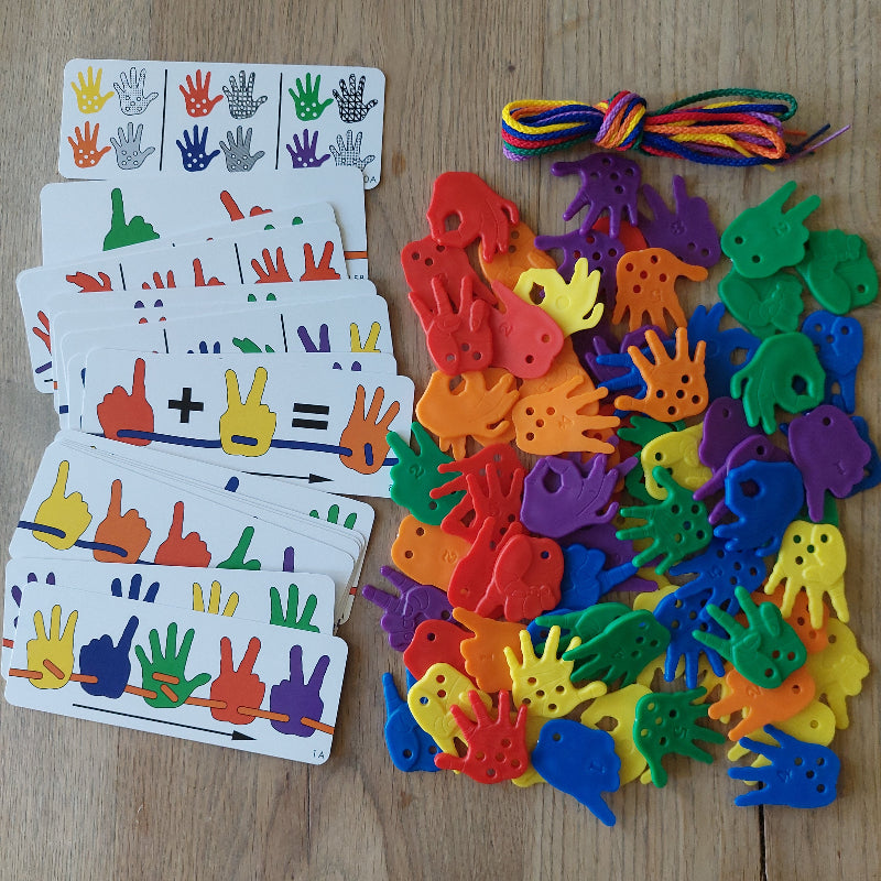 rijghandjes met voorbeeldkaarten, motoriek materiaal, basisschool materiaal, visuel rekenen, motoriekspeelgoed