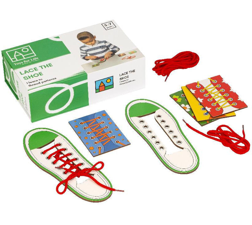 Veterstrik schoenen, lave the shoe from Toys for life. 2 schoenen met voorbeeldkaarten en veters, motoriekspeelgoed