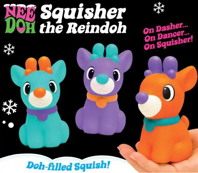 needoh swuisher the reindoh, doh filled squish! drie kleuren rendier voor zwarte achtergrond, hand houd oranje rendier vast. sensoriek fidget