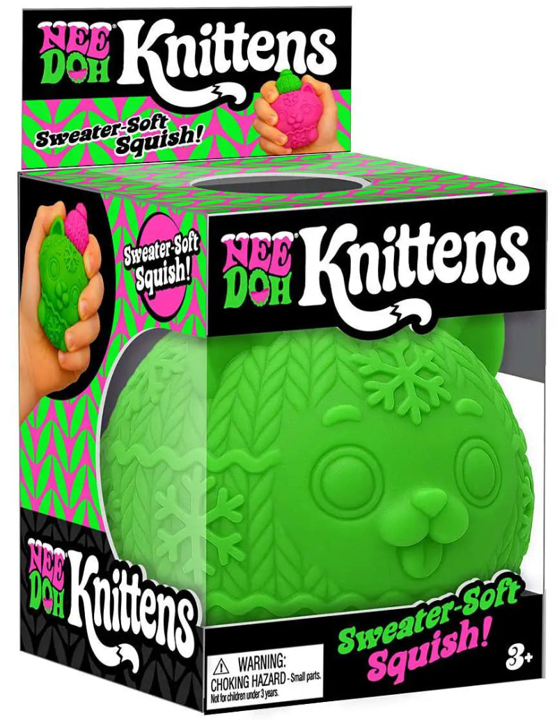 NeeDoh Knittens poes antistressbal met gebreide textuur, groen in verpakking