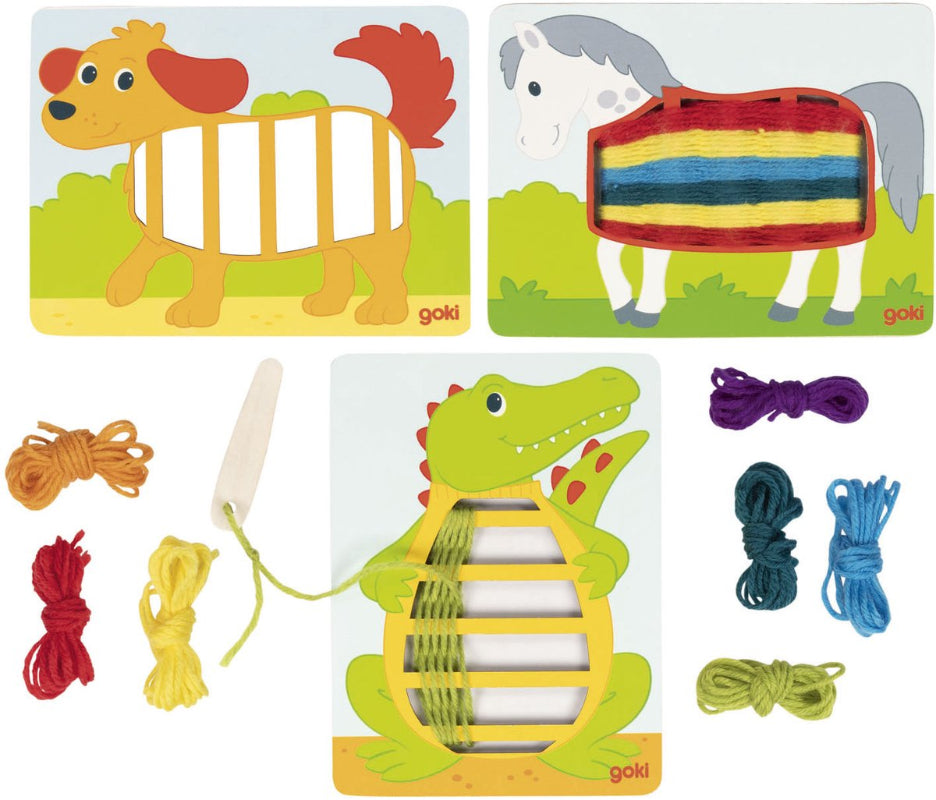 Drie houten webframes met hond, paard en krokodil en weefdraden, inclusief brede rijgnaald, voor het weven en stimuleren van fijne motoriek en concentratie
