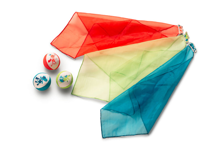 jongleerdoekje en ballen van lilliputiens in groen, blauw en rood