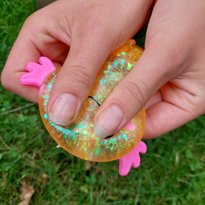 axolotl stressbal, fidget, oranje stretchdier