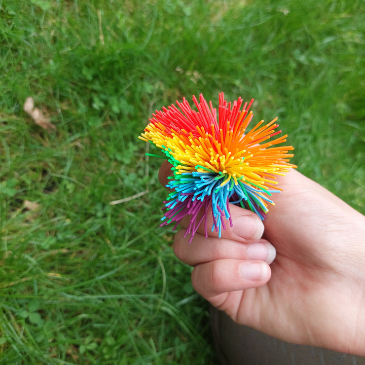 regenbogen elastiekjes bal van silicone, in hand, grass achtergrond