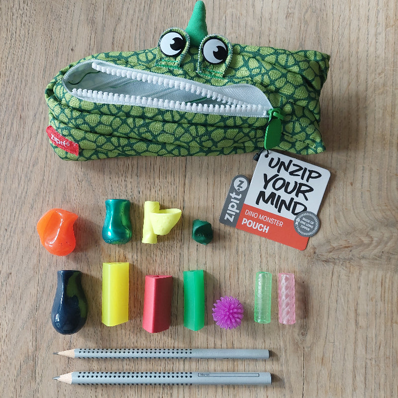 zipit etui met stift grippers en potloden in groen, grippers in verschillende kleuren