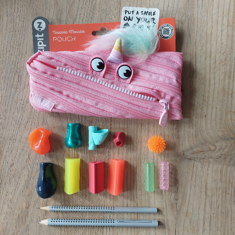 roze zipit pouch etui met inhoud: stift grippers, penhouders en potloden in verschillende kleuren, set 