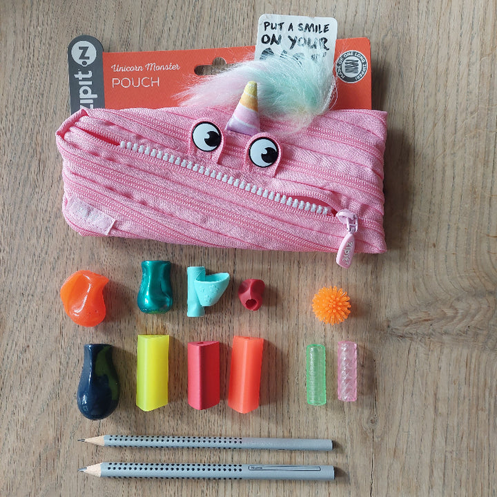 roze zipit pouch etui met inhoud: stift grippers, penhouders en potloden in verschillende kleuren, set 