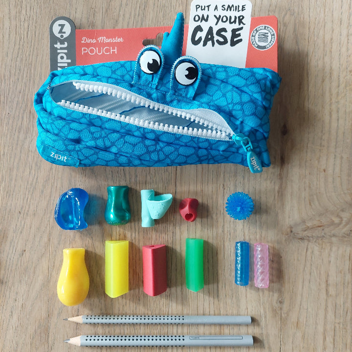 blauwe zip it met ogen etui pouch, met stifthouders, grippers, pengreep leren, ergotherapie, ergonomische potloden