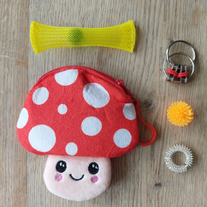 portemonnee kawaii mushroom, met stille fidgets als set, fidget set