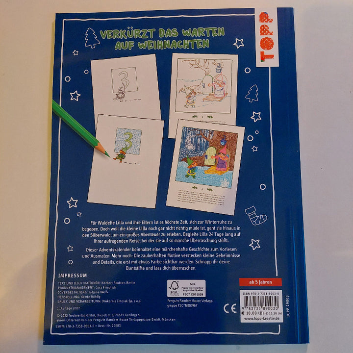 achterkant van het adventskalender tekenboek met toverpapier, toys42hands