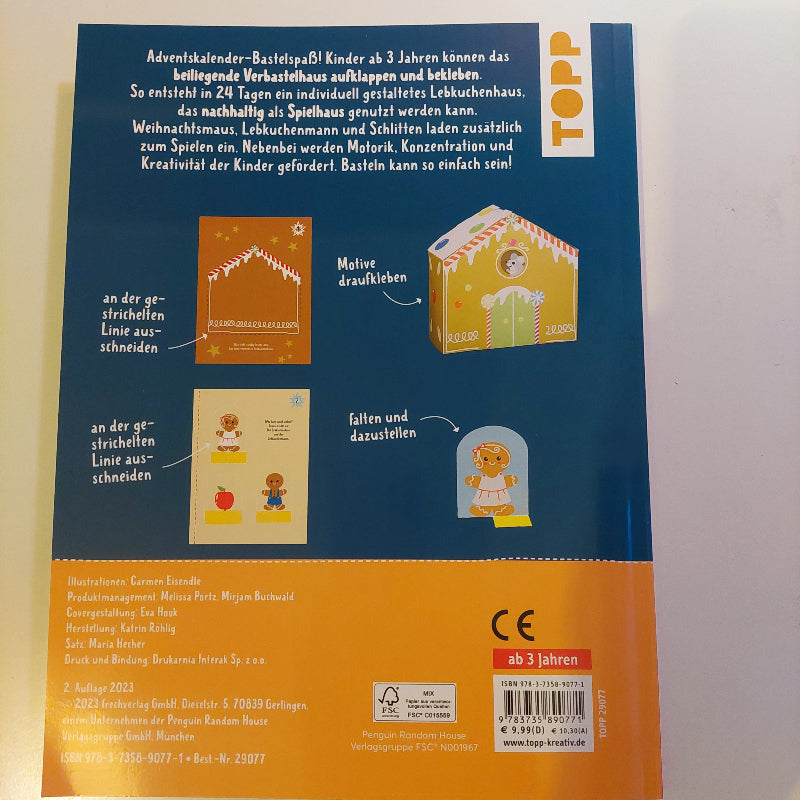 achterkant van het pepperkoek huis adventskalender boek van topp, knutselboek, motoriek materiaal