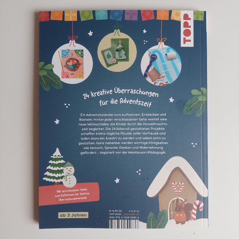 achterkant van het adventskalender knutselboek met montessorie opdrachen, motoriekspeelgoed van toys42hands