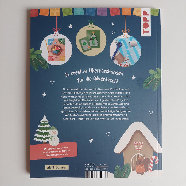 achterkant van het adventskalender knutselboek met montessorie opdrachen, motoriekspeelgoed van toys42hands