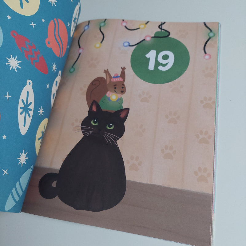 voorbeeldpagina van dag 19, schattige poes met eekhoorn, montessorie adventskalender, motoriekspeelgoed van toys42hands