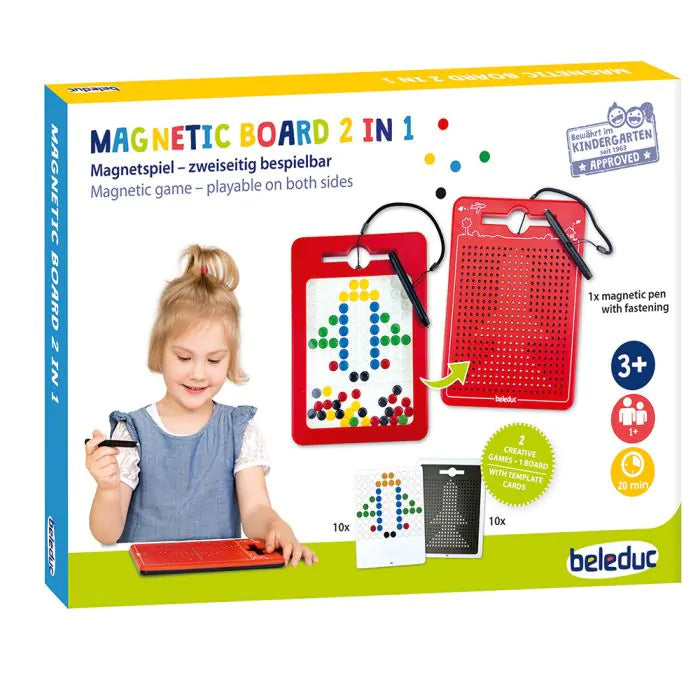 Verpakking van het Beleduc Magnetboard 2 in 1 met magneetpen, magnetische schijfjes en voorbeeldkaarten