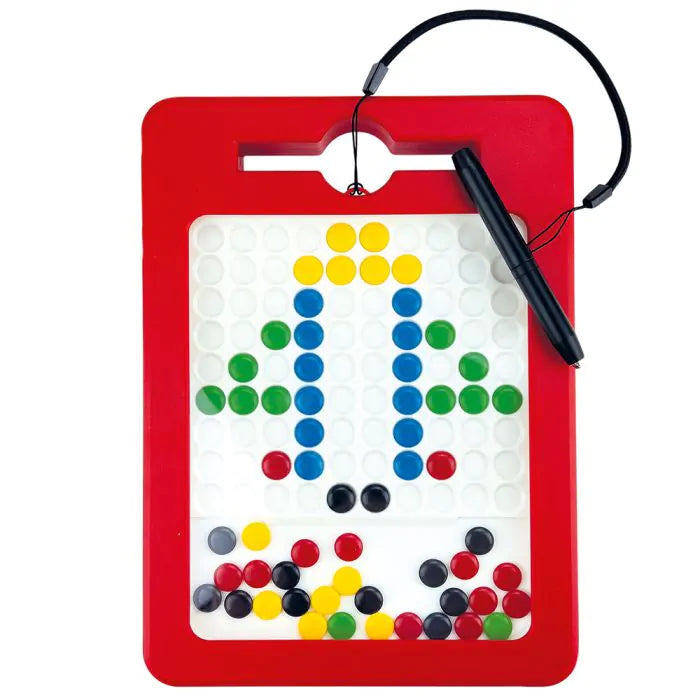 Kleurrijke zijde van het Beleduc Magnetboard 2 in 1 met magnetische schijfjes voor creatieve mozaïeken en vrije ontwerpen.