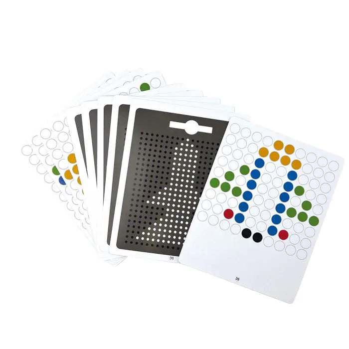 Dubbelzijdige voorbeeldkaarten van het Beleduc Magnetboard 2 in 1 met inspirerende opdrachten en creatieve voorbeelden.