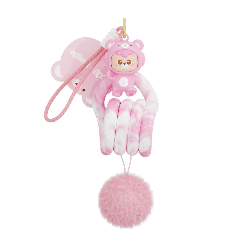 Roze DiuDiu Baby Bear met mini Tangle sleutelhanger, een kawaii collectible om te verzamelen.