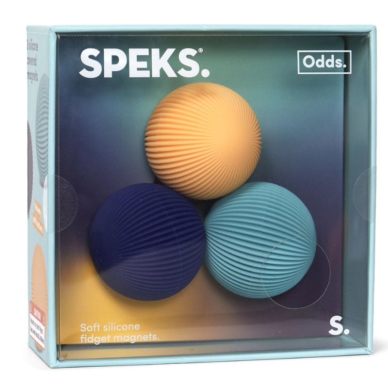 speks odds magneetballen in geel en blauw met fijne rillen, sensoriek materiaal, fidgets voor volwassene