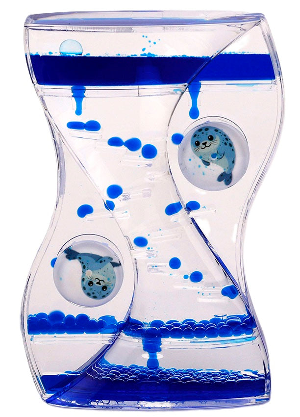 Liquid timer met zwevende druppels en twee zeehondenfiguren, sensoriek materiaal