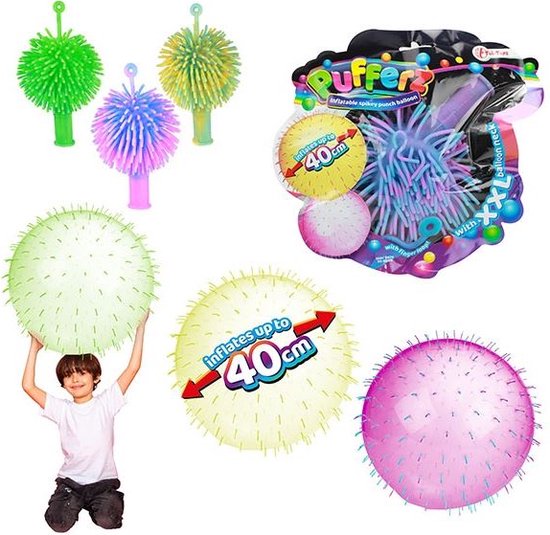 pufferz 40cm grote opblaas ballon, verpakking, alle kleuren en kind met bal, motoriekspeelgoed