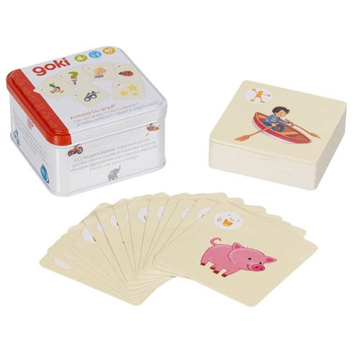 Blikje met 60 kaarten van het teken-, geluiden- en pantomimespel voor kinderen: goki spel, kun je het raden, pantomime, tekenen of geluiden voordoen en de andere laten raden