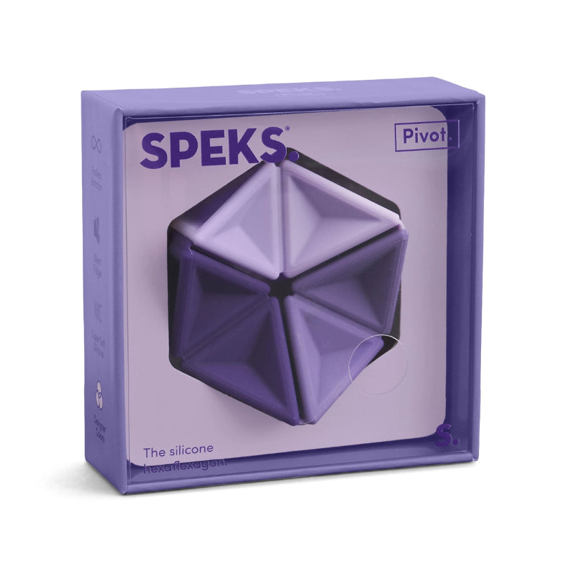 Speks Pivot Silicone Flexagon siliconen fidget, paars in verpakking