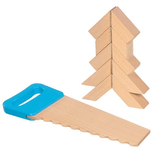 goki Holzbausteine mit Klettverbindungen und Säge, motorikspielzeug