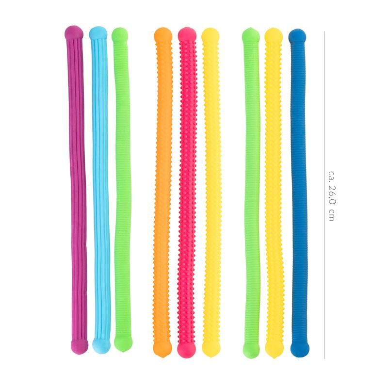 Overzicht van de drie kleursets Space Adventure stretch snoeren naast elkaar – blauw groen geel, pink oranje geel en lichtblauw lila groen