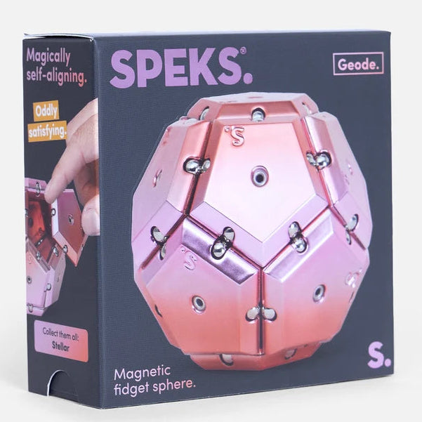 Speks Geode Chrome Sphere compleet gebouwd tot glanzende magnetische bol, verpakking kleur stellar roze paars, fidget van Toys42hands