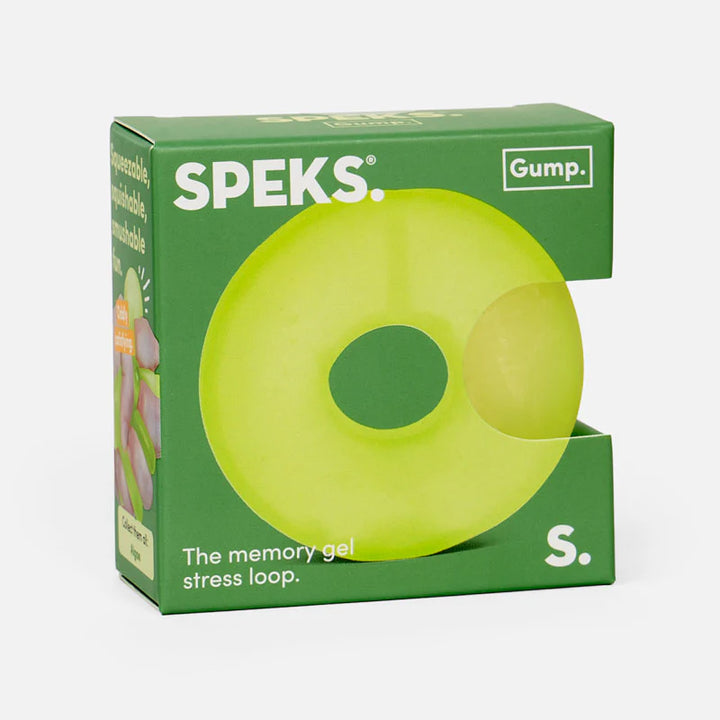 verpakking van de gele anti stressball van speks, speks gump loop, stress loop, fidget