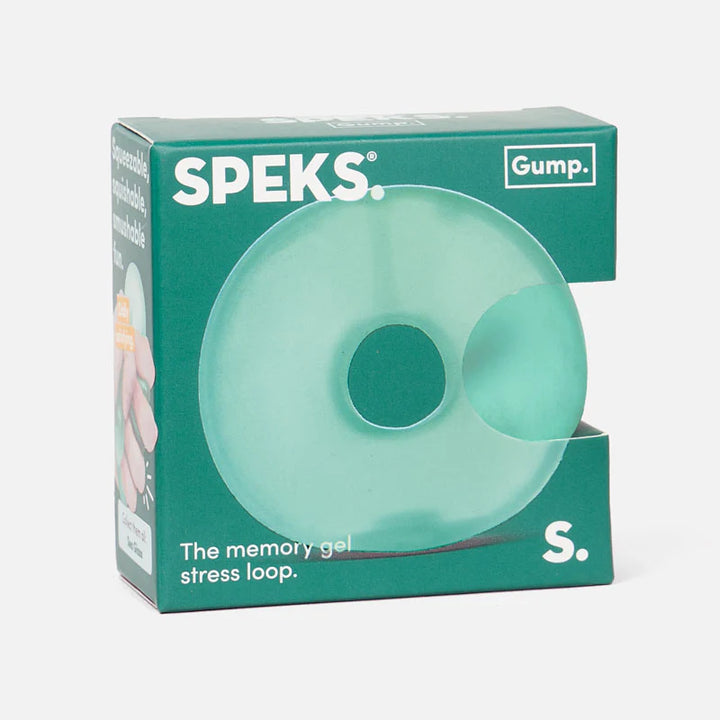 antistressbal, loop gump van speks, fidget autisme, verpakking in groen