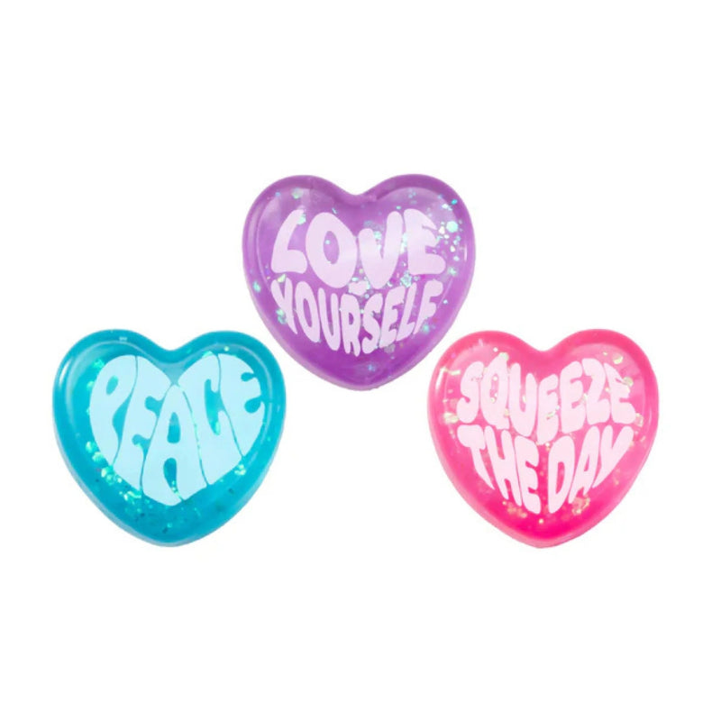 drie harten, peace, love yourself en squeeze the day, antistressball in hart vorm, motoriekspeelgoed