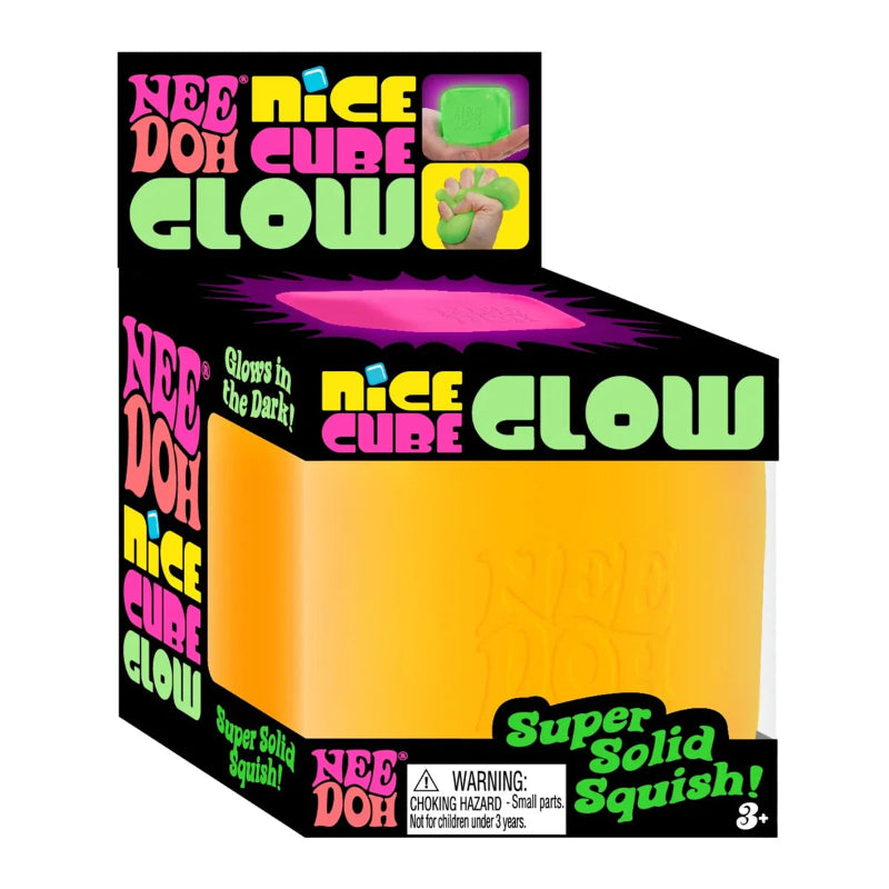 Gele NeeDoh Nice Cube Glow in verpakking – sensorisch glow in the dark fidget speelgoed