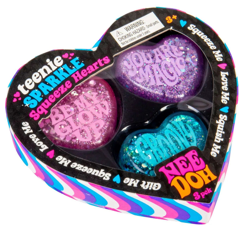 teenie sparkle squeeze heats in hard verpakking van needoh, hart anti stress ballen