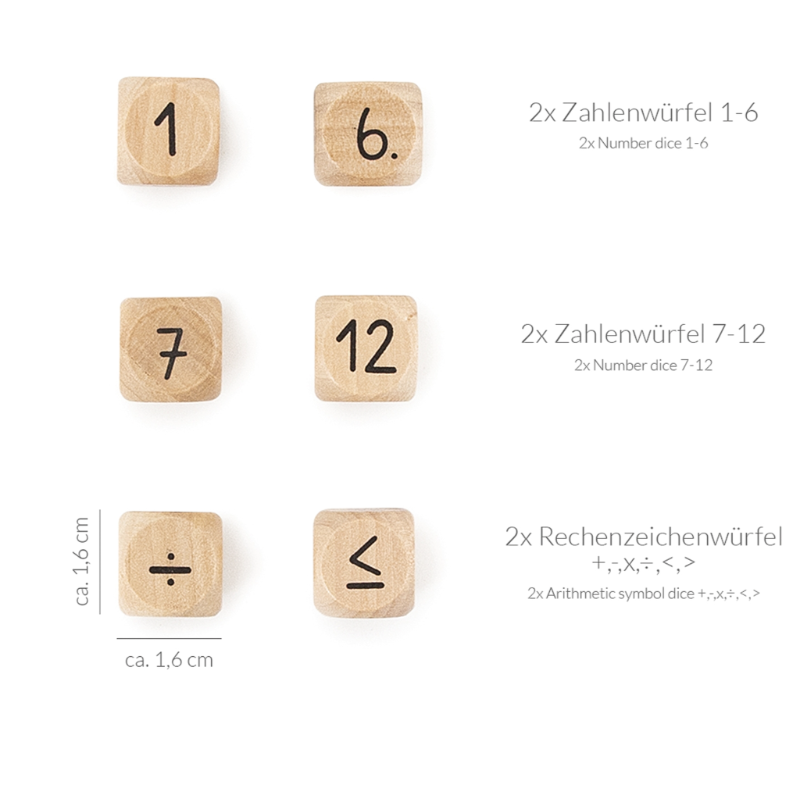 overzicht van het set met rekendobbelstenen, 2 cijfer dobbelstenen met 1-6, 2 cijferdobbelstenen met cijfers van 7-12 en 2 dobbelstenen met symbolen