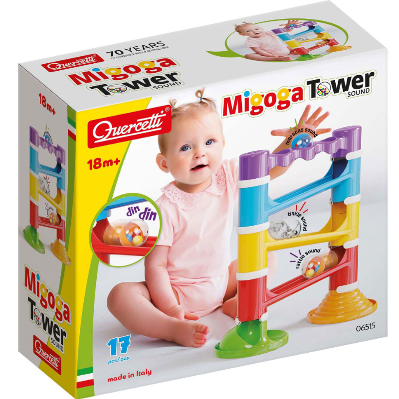 Quercetti Migoga knikkerbaan toren met geluid in originele verpakking met 17 onderdelen en 3 grote ballen