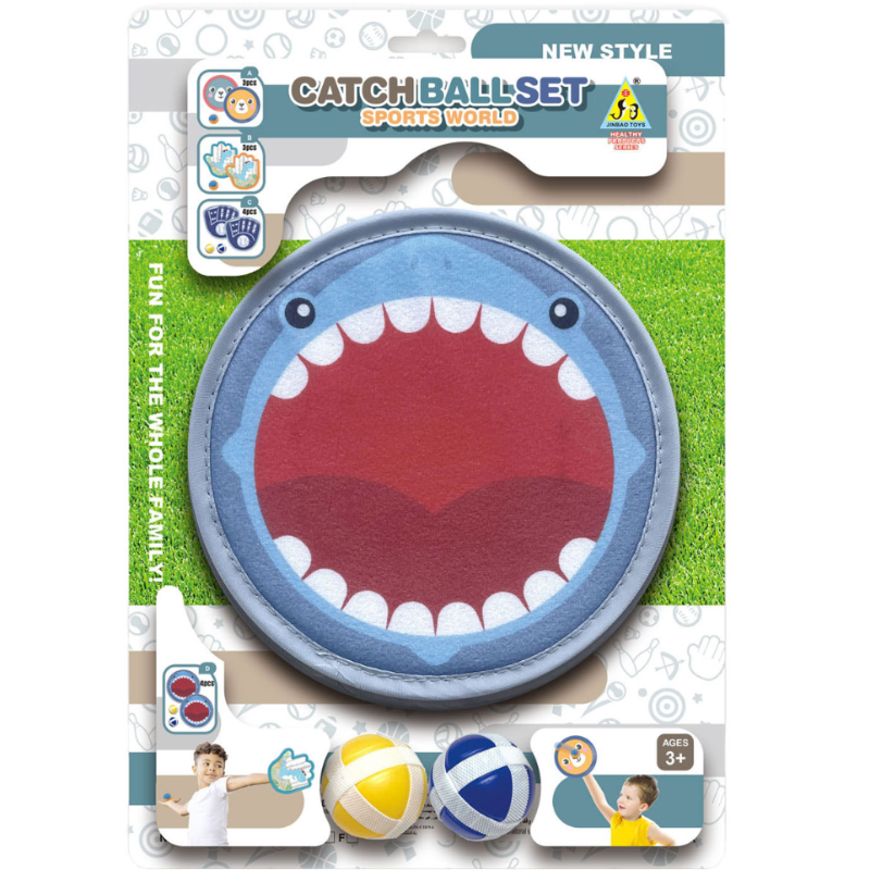 Vangspel met klittenband in haai-design in originele verpakking met twee borden en twee ballen, catch ball set sport world