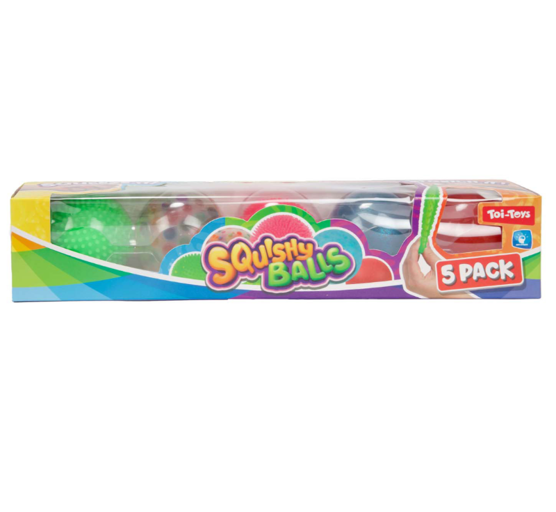 verpakking met 5 antistressballen, squishy balls, van toi toys 5 pack, fidget set