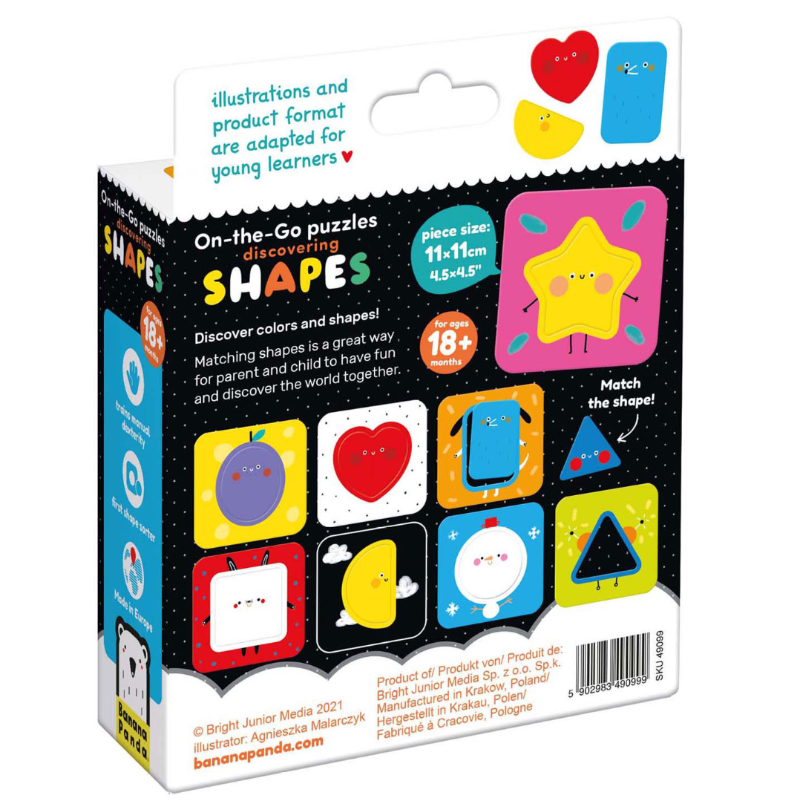 achterkant van de verpakking on the go puzzels: discovering shapes van banana panda, 
