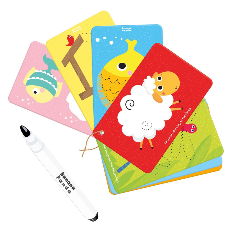 Banana Panda schrijf- en wisboek kaarten, met kleurrijke dierenillustraties en uitwisbare opdrachten. Kinderen oefenen fijne motoriek, pengreep en grafomotorische vaardigheden.
