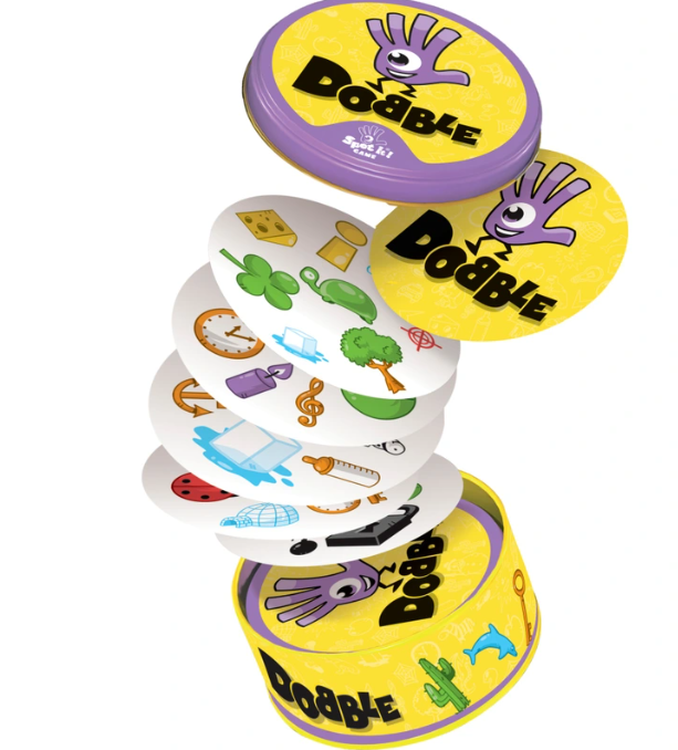 dobble spel, classic, open doos met voorbeeldkaarten zichtbaar, basisschool spel