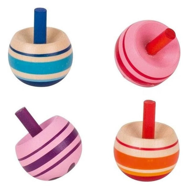 vier kleuren tol, tol met strepen van goki, fijne motoriek speelgoed van hout