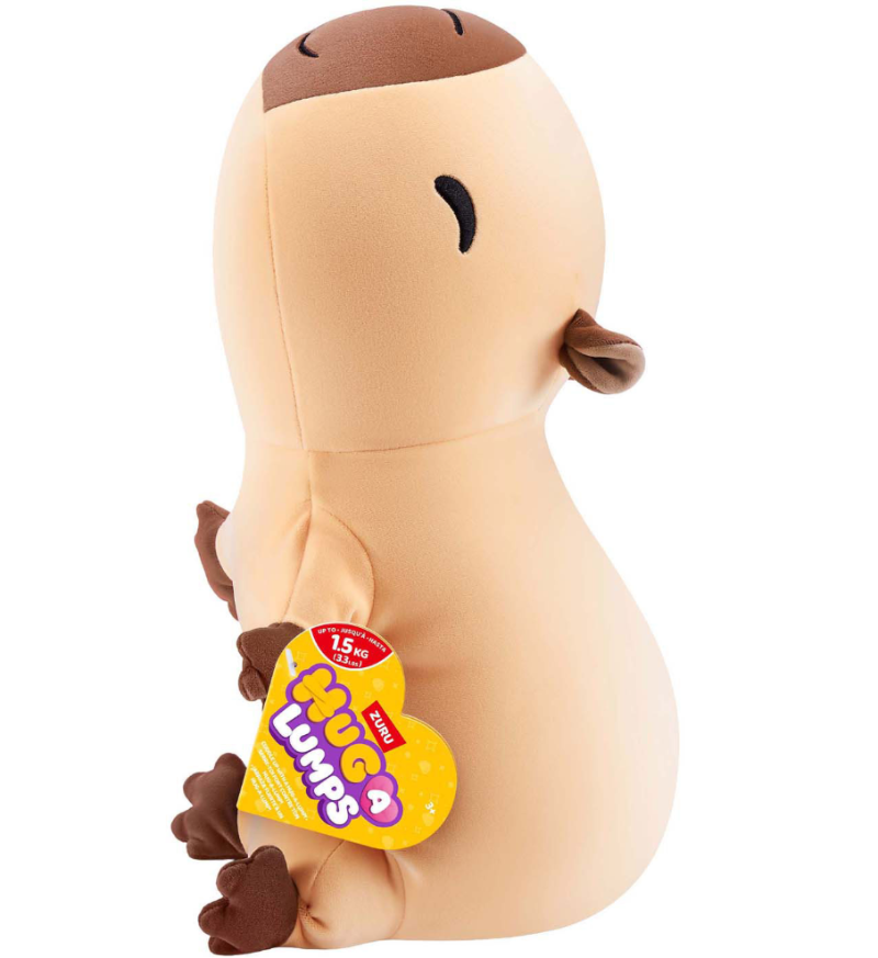 Hug-A-Lumps capybara knuffel van de zijkant met zichtbaar compact verzwaard lichaam