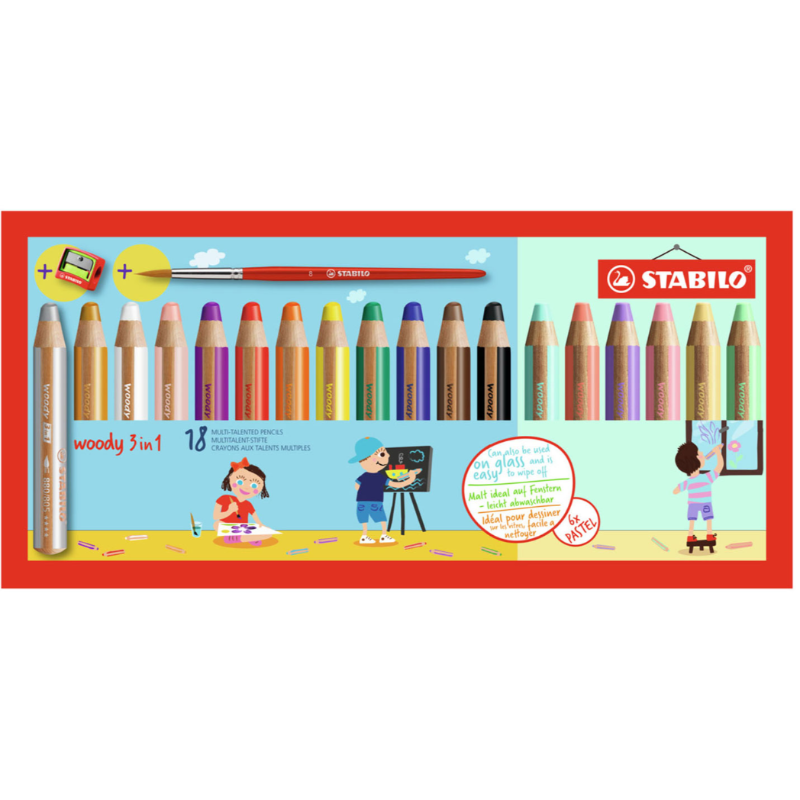 woody stabilo 18, incl slijper en kwast, motoriek materiaal voor creatiefe werkjes