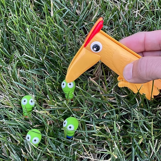 vogel pincet pakt wormen uit gras