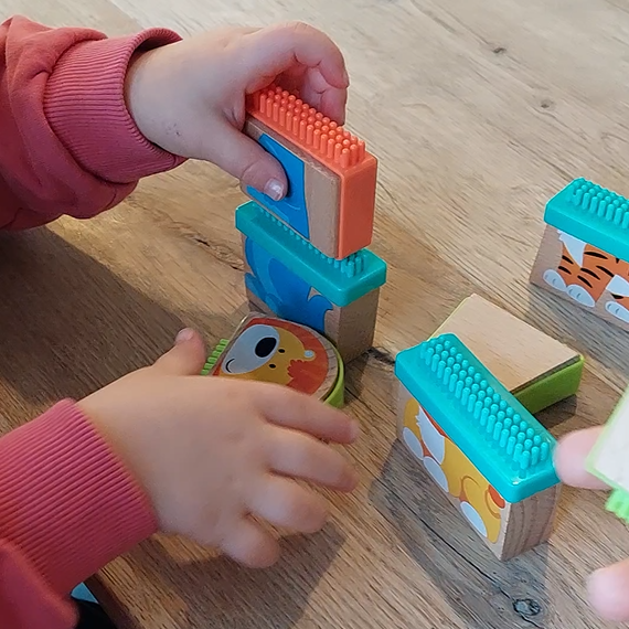 steek blokken met dieren en noppen voor safarie dieren of fanasie dieren, twee handig spelen, stekken en trekken, motoriekspeelgoed