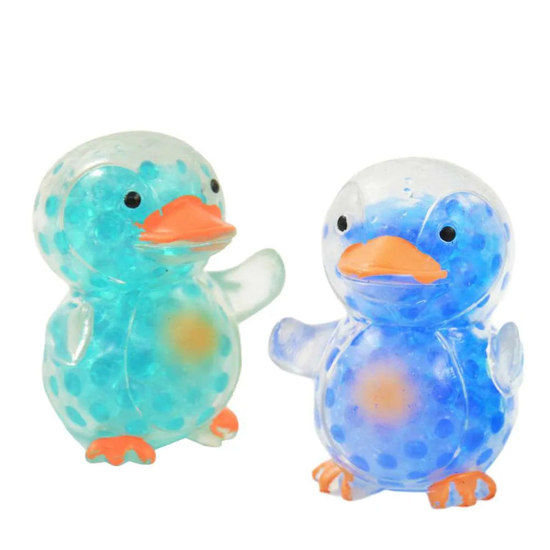flutschi pinguin in licht blauw en donker blauw, fidget antistressbal in vorm van een schattige pinguin