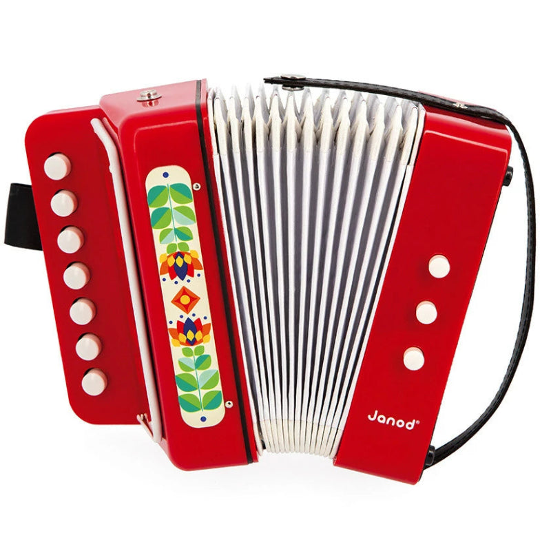 rode Kinderaccordeon van Janod op een witte achtergrond