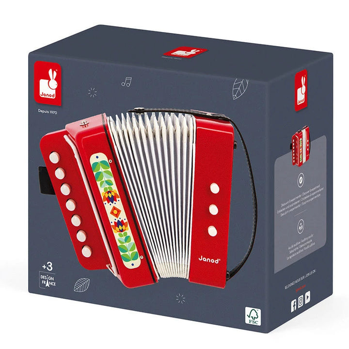 verpakking van Kinderaccordeon van Janod op een effen achtergrond